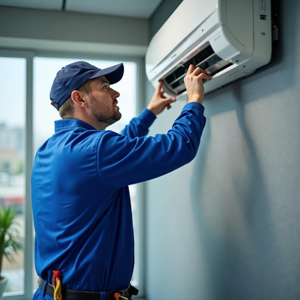 Técnico profissional realizando instalação de ar condicionado split